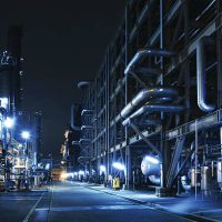 Oil Refinery, Chemical & Petrochemical plant abstract at night.