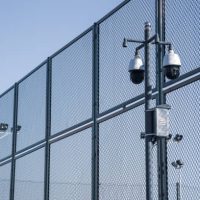 Modern surveillance video cameras, metal mesh and lighting