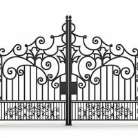 Black ornamented iron gate with walls isolated on white. Clipping path included.