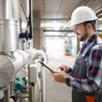 Industrial engineer worker holding tablet computer and setting parameters of heating system in factory boiler room.