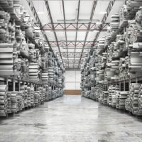Metal rolled products on a warehouse background. 3d illustration