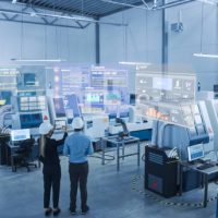 Industry 4.0 Factory: Two Engineers Uses Digital Tablet Computer with Augmented Reality Software to Connect with High-Tech Machinery, Robot Arm and Visualize Maintenance and Diagnostics of Equipment