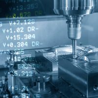 Abstract scene of CNC milling machine and G-code data background. The hi-technology mold and die manufacturing concept by machining center.
